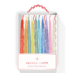 Packed Party Glitter Wishes Rainbow Birthday Candle Set of 10 - Glitter-Dipped Multicolor Pastel Beeswax Candles in Gift Box with Pink Ric Rac Handle