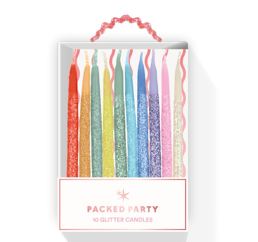 Packed Party Glitter Wishes Rainbow Birthday Candle Set of 10 - Glitter-Dipped Multicolor Pastel Beeswax Candles in Gift Box with Pink Ric Rac Handle