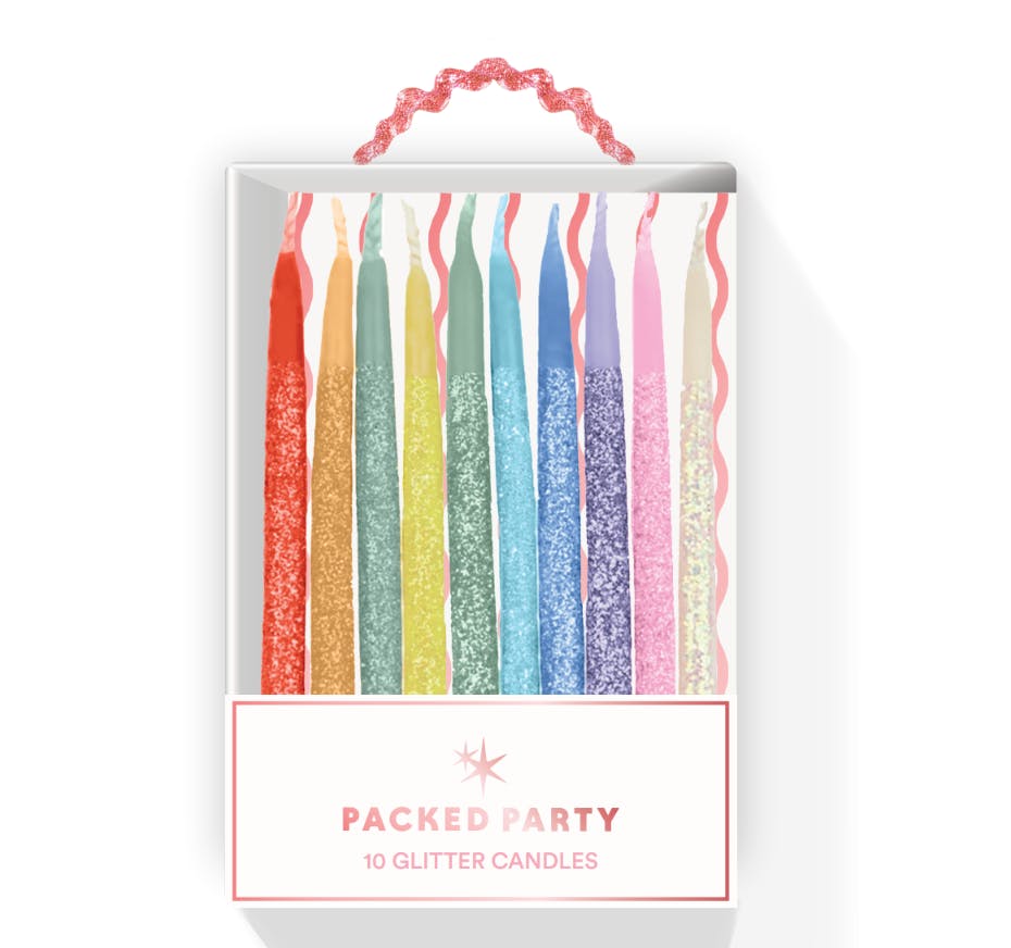 Packed Party Glitter Wishes Rainbow Birthday Candle Set of 10 - Glitter-Dipped Multicolor Pastel Beeswax Candles in Gift Box with Pink Ric Rac Handle