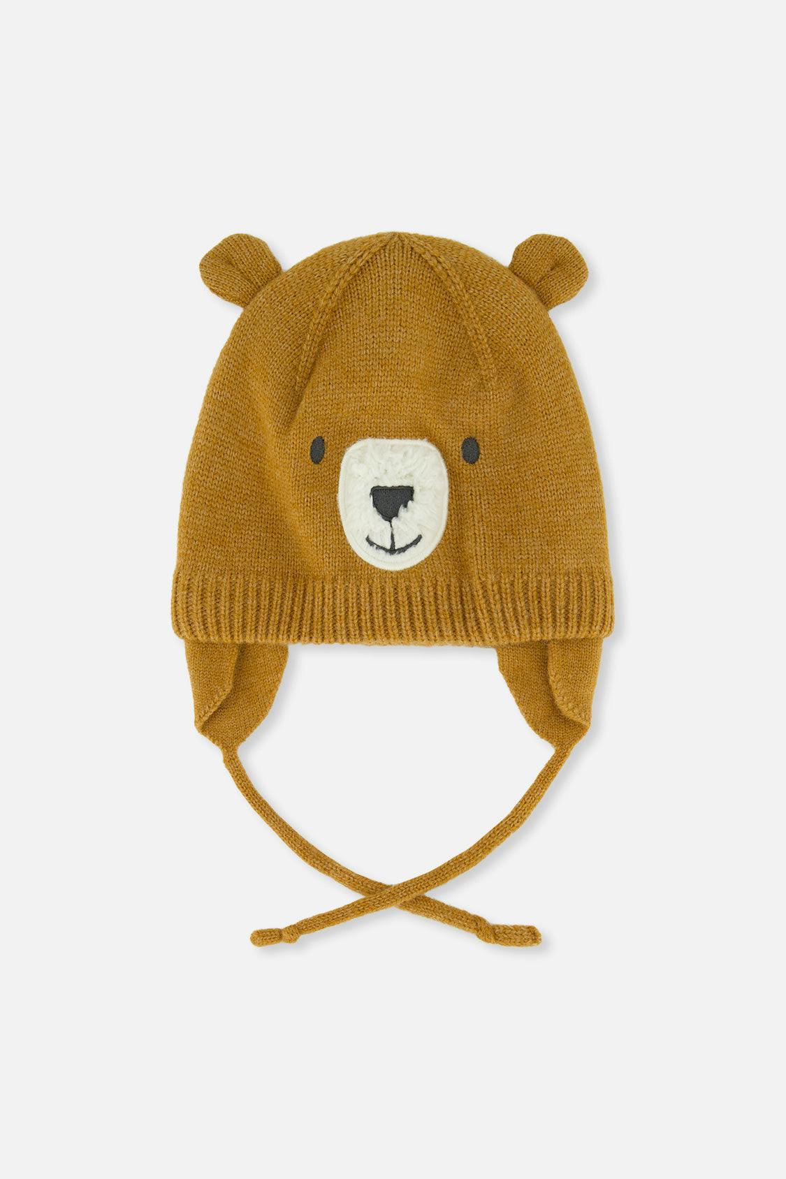 Baby Bear Winter Knit Hat With Ear Flaps And Ears Brown Sugar