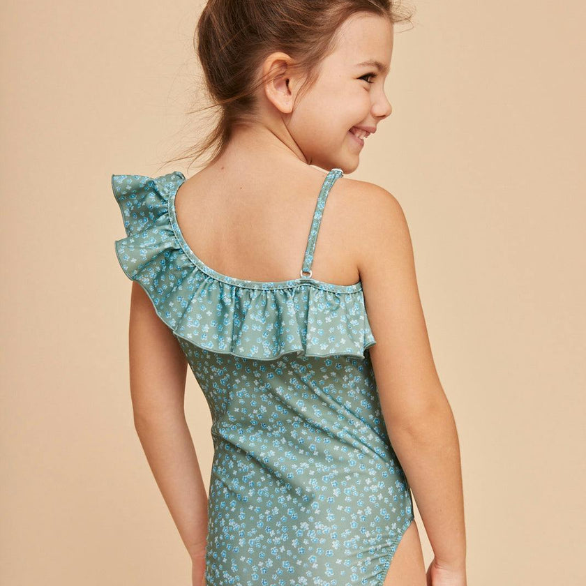 Khaki Flowers Girls' Ruffle Swimsuit