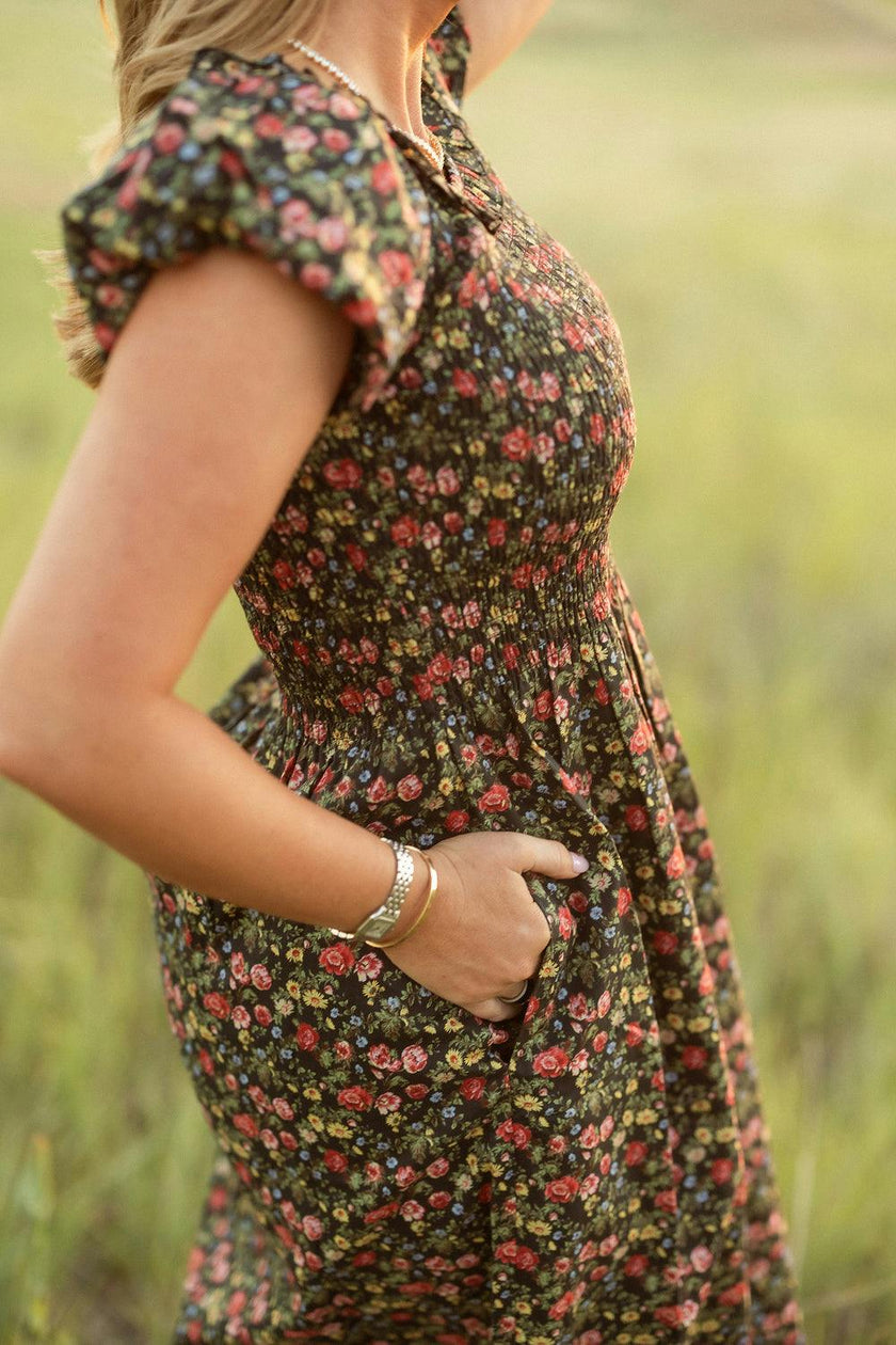 Annalise Dress in Obsidian Vintage Poppies