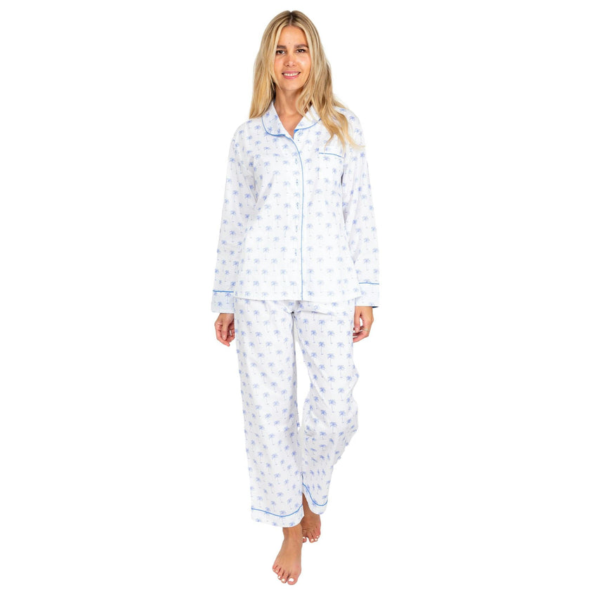 Women's Blue Palm Tree Long PJ Set