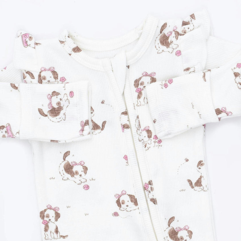 Explorer Puppy Pink - 2 Way Ruffle Sleeve Zipper Footie