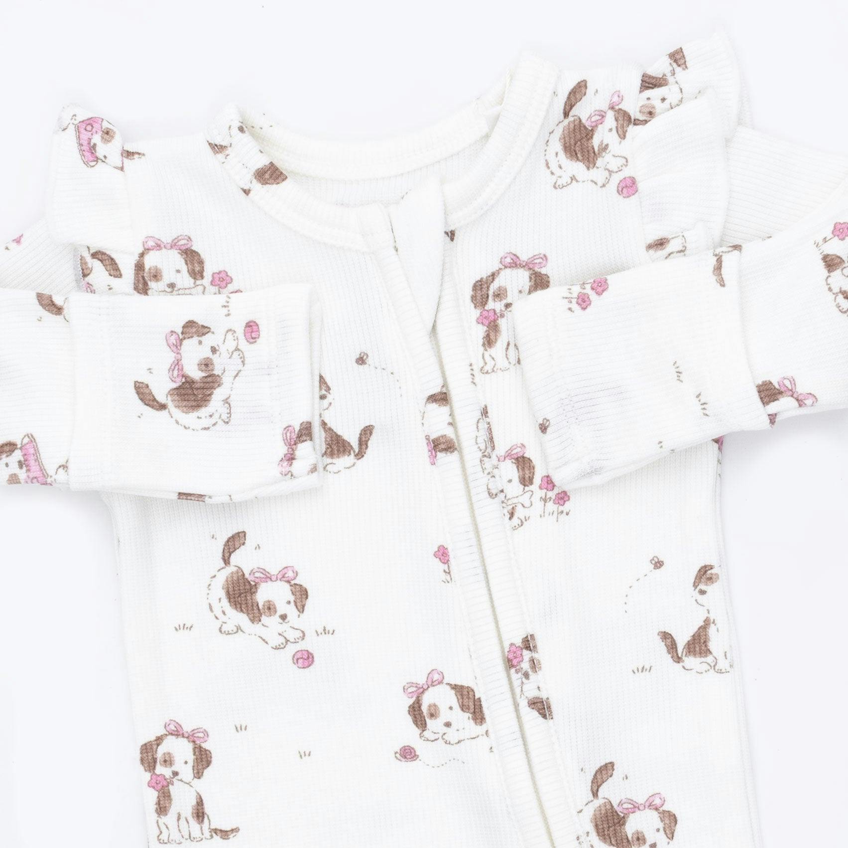 Explorer Puppy Pink - 2 Way Ruffle Sleeve Zipper Footie