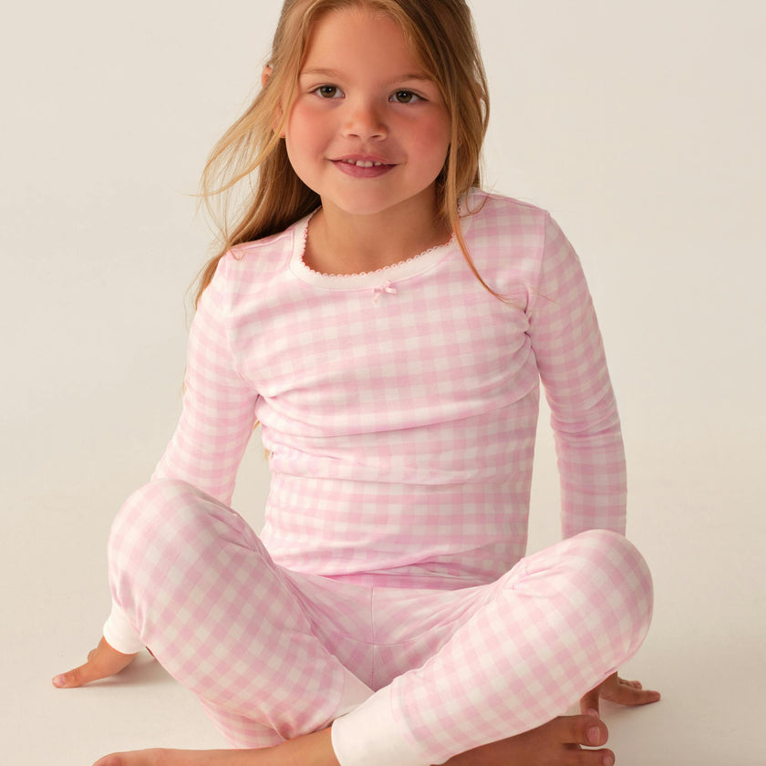 Kid's Pima Snug Fit Pajama Set in Pink Gingham