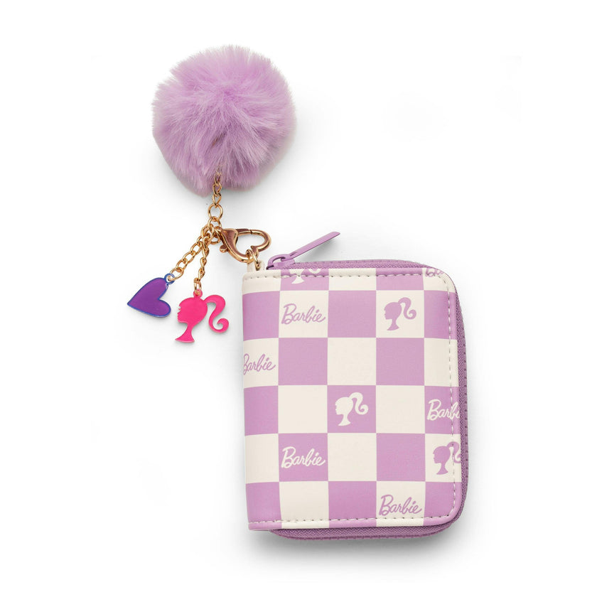 Barbie™ Purple Checkered Kids Zip Wallet with Pom Charm