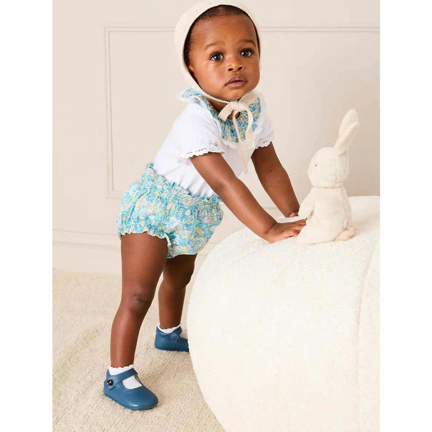 Leontyne Floral Ruffle Collar Lace Detail Bodysuit in Blue Made with Liberty Fabric (1mth-3yrs)