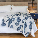 Cotton Sustainable Knit Throw Blanket | Coastal - Seahorse Watercolor