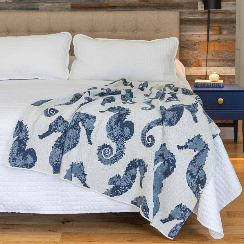 Cotton Sustainable Knit Throw Blanket | Coastal - Seahorse Watercolor