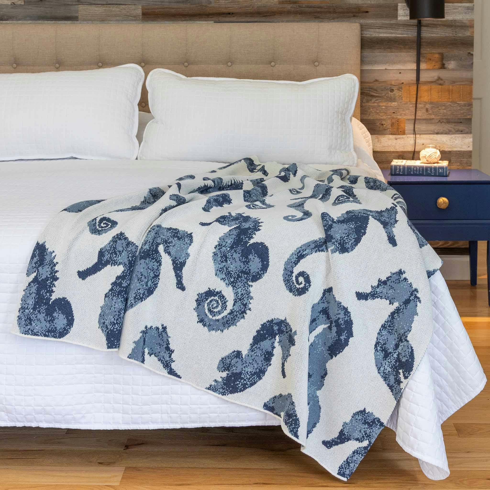 Cotton Sustainable Knit Throw Blanket | Coastal - Seahorse Watercolor