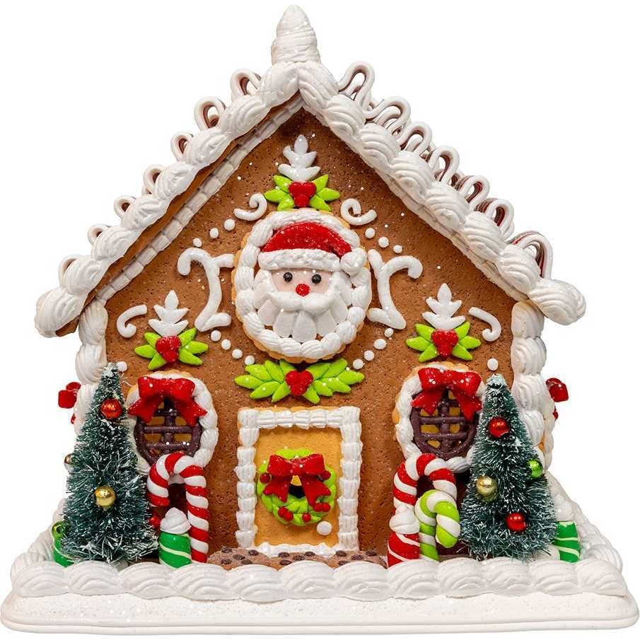 9 Inch Battery Operated Gingerbread House With Santa and Ribbon Candy Roof