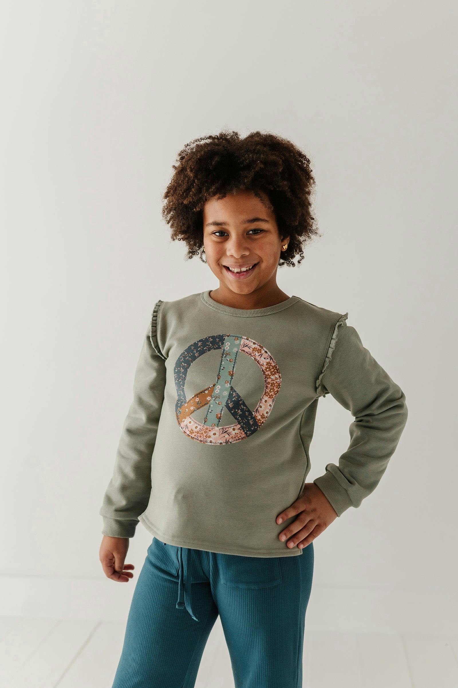 Girls Raw Edge Sweatshirt in Patchwork Peace Sign