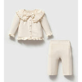 Cream Embroidered Collar Knit Cardigan & Pant Set