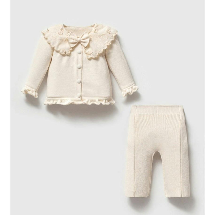 Cream Embroidered Collar Knit Cardigan & Pant Set
