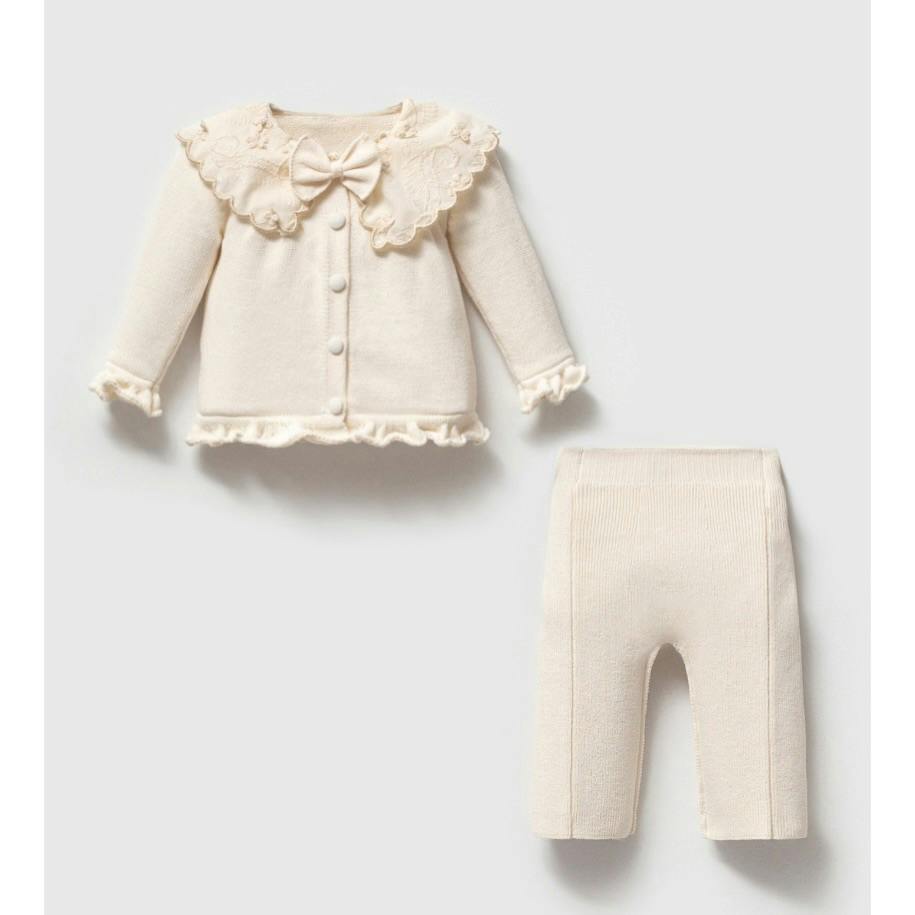 Cream Embroidered Collar Knit Cardigan & Pant Set