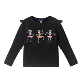 Girls Ruffle Shoulder Graphic Tee | Dancing Skeletons