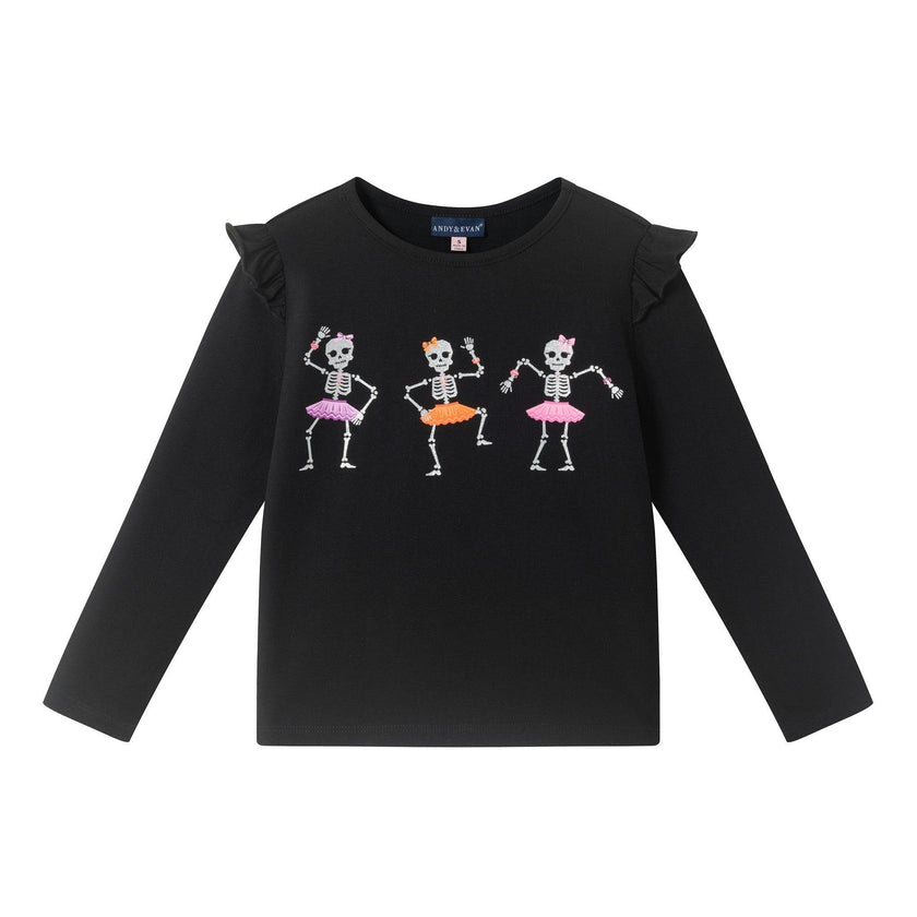 Girls Ruffle Shoulder Graphic Tee | Dancing Skeletons