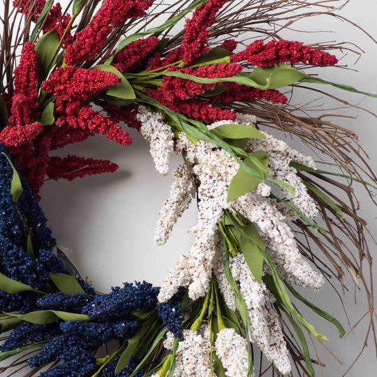 Faux Americana Astilbe Summer Front Door Wreath in Red, White & Blue on Wispy Natural Wreath Base
