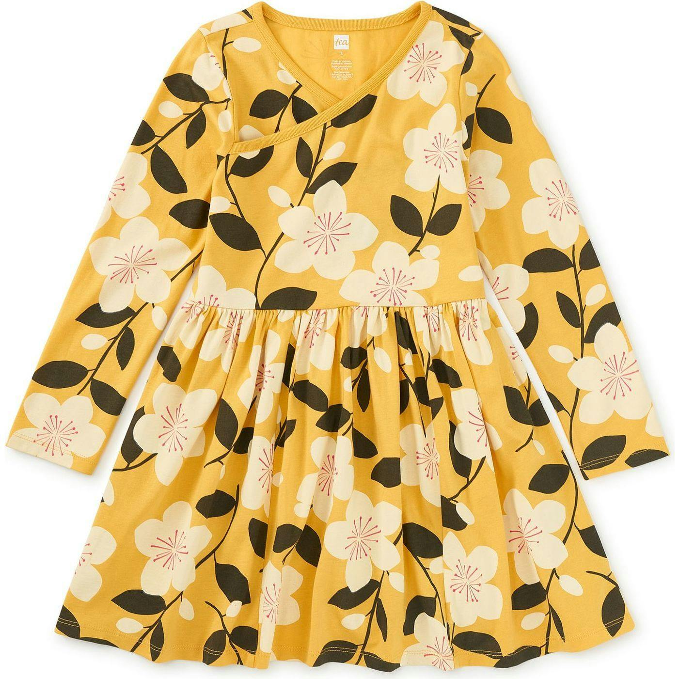 Long Sleeve Wrap Neck Dress, Yellow