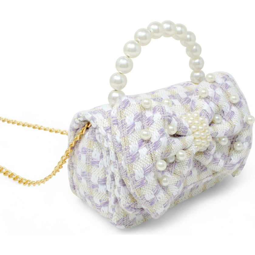 Girls Tweed Jumbo Pearl Bow Handbag