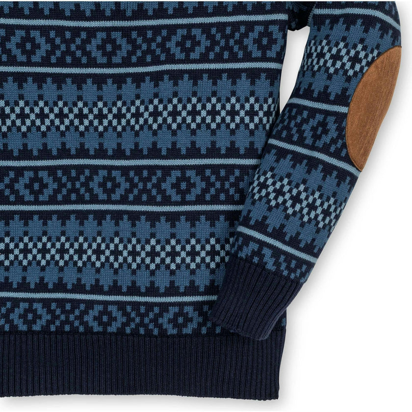 Organic Long Sleeve Henley Pullover Sweater with Elbow Patches, Blue