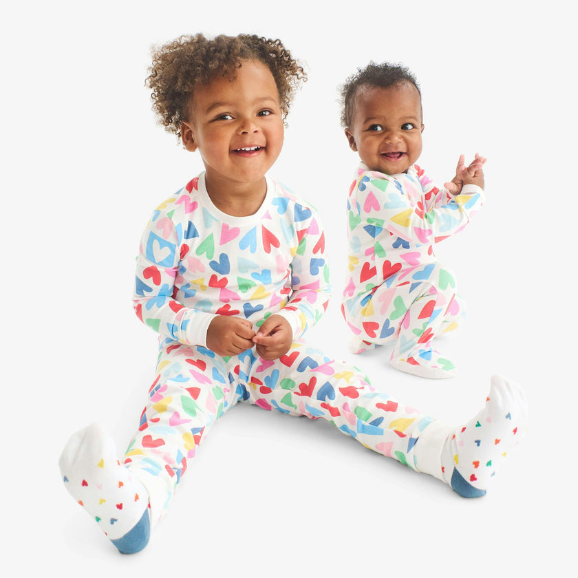 Clearance kids organic long sleeve PJ set in rainbow candy hearts