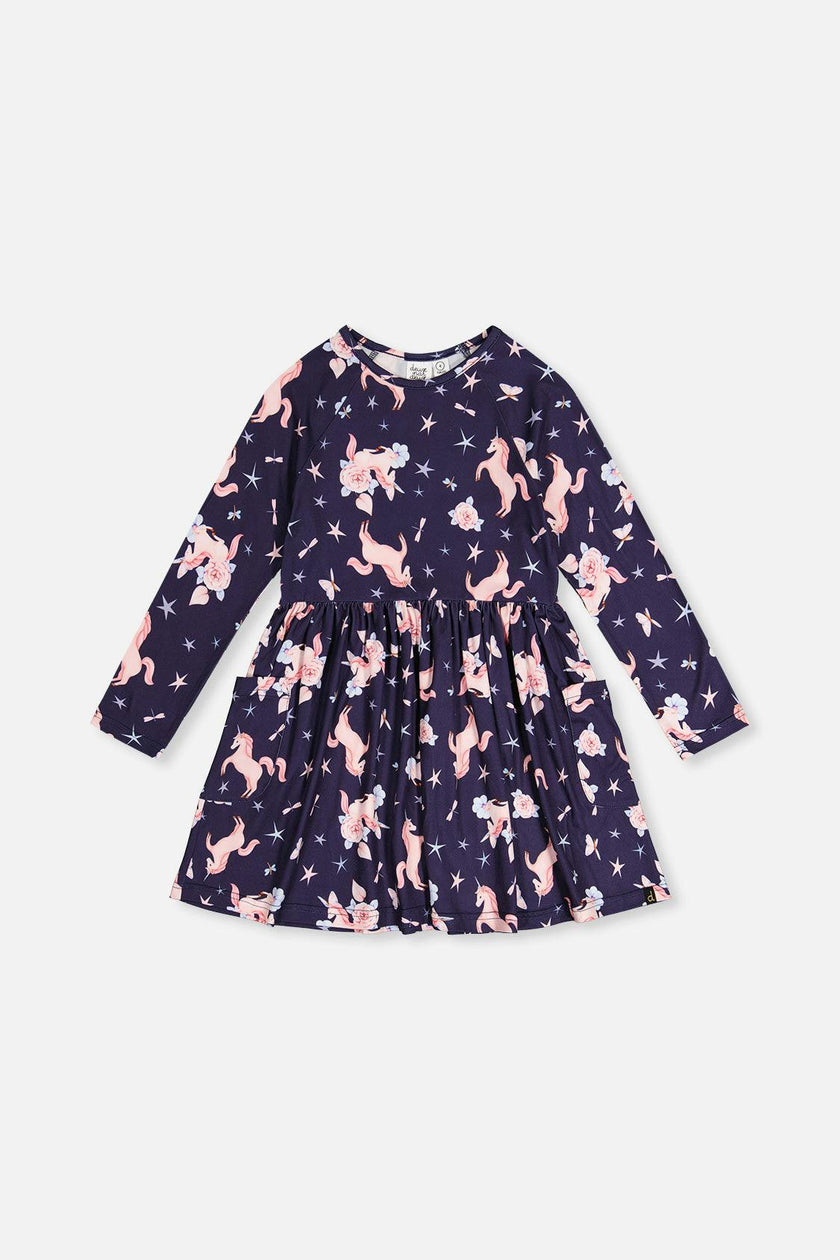 Long Sleeve Dress Navy Unicorn Print