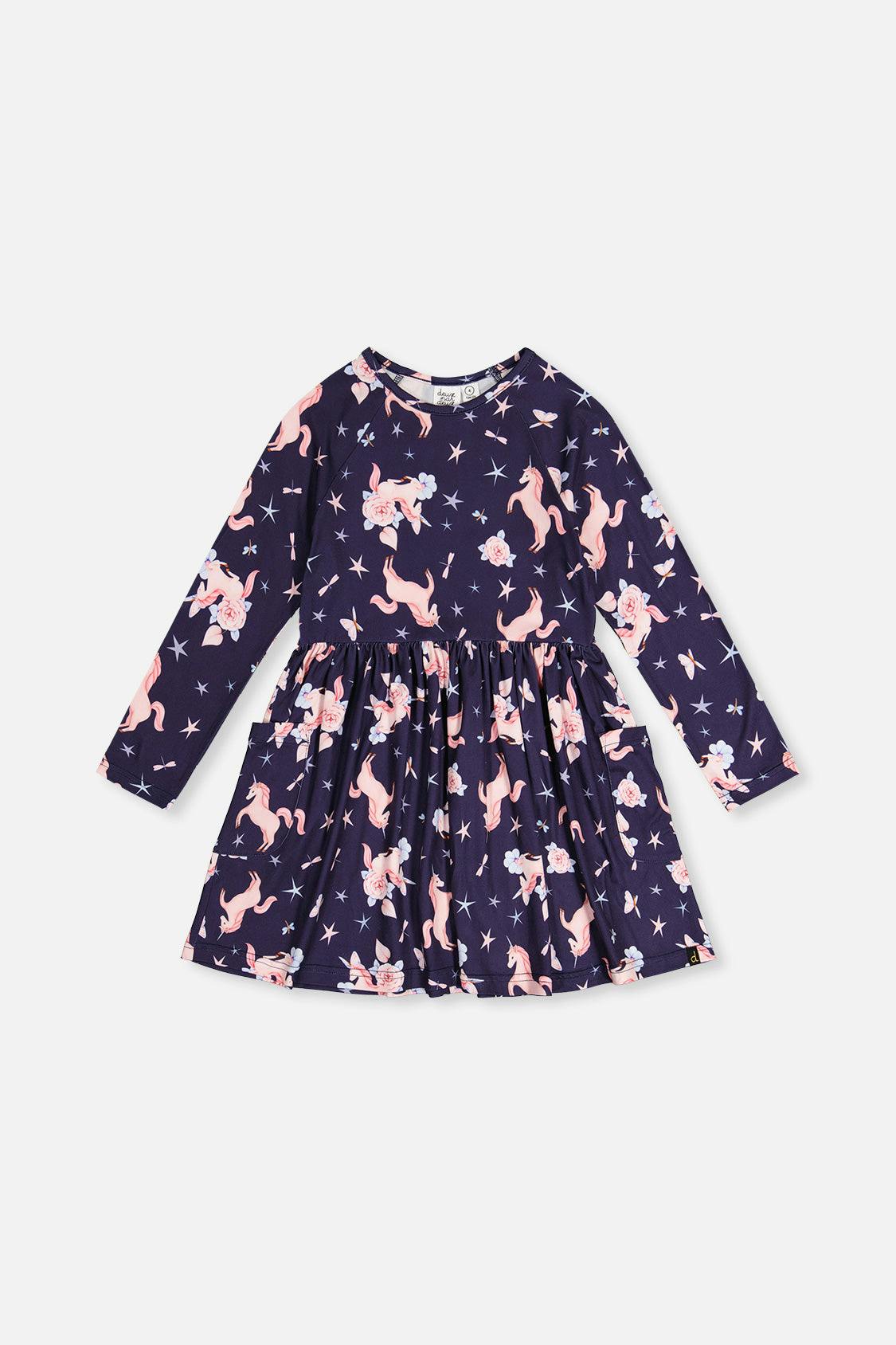 Long Sleeve Dress Navy Unicorn Print