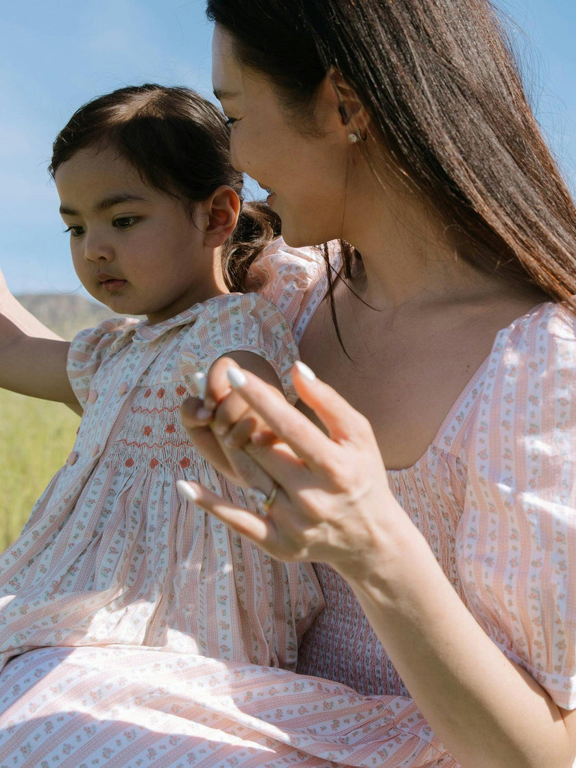 Pink Floral Stripe Arcadia Girl Hand-Smocked Dress