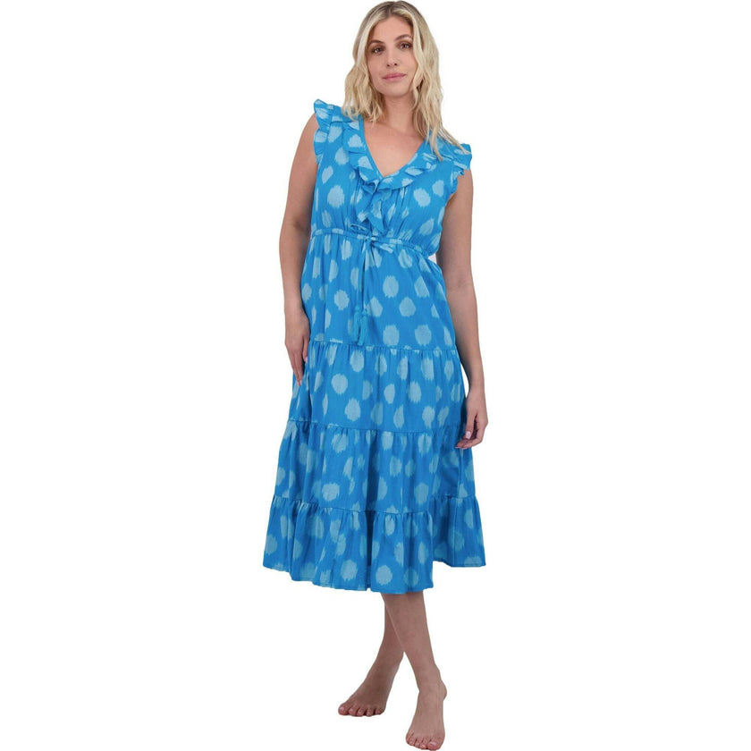 Giselle Women's Maxi Dress Cerulean Blue Ikat, Blue