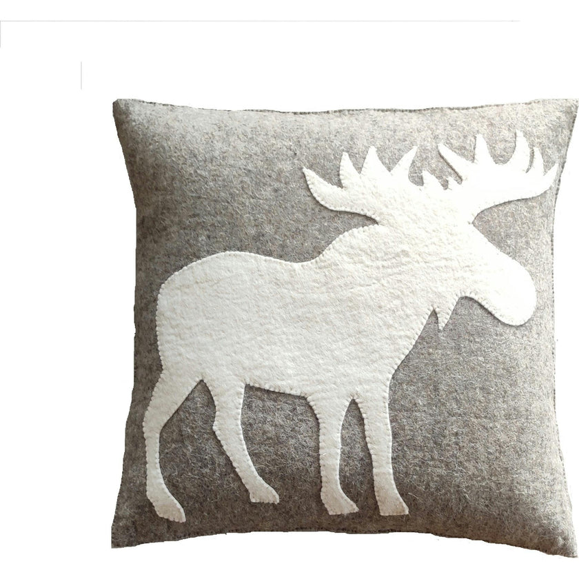Hand Felted Wool Pillow - Cream Moose Silhouette Gray - 20"