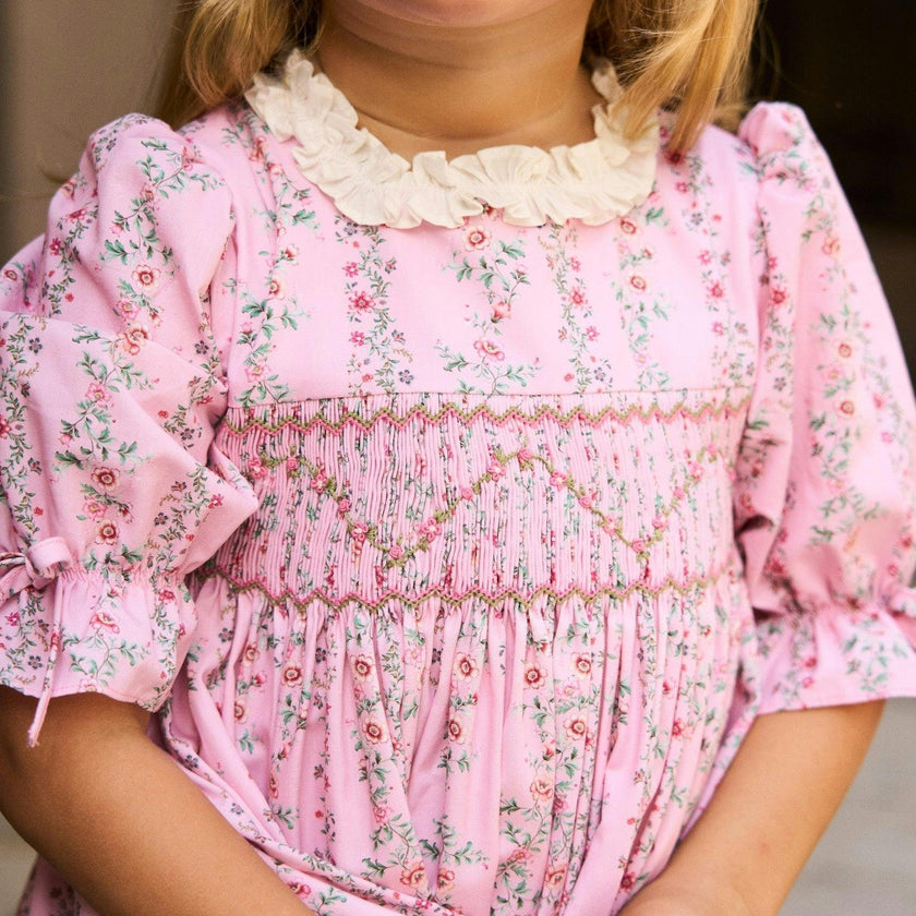 Pink Garland Floral Penelope Girl Hand-Smocked Dress