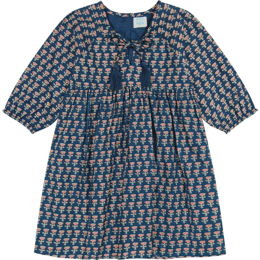 Sara Floral Print Elastic Cuff Long Sleeve Popover Dress, Navy
