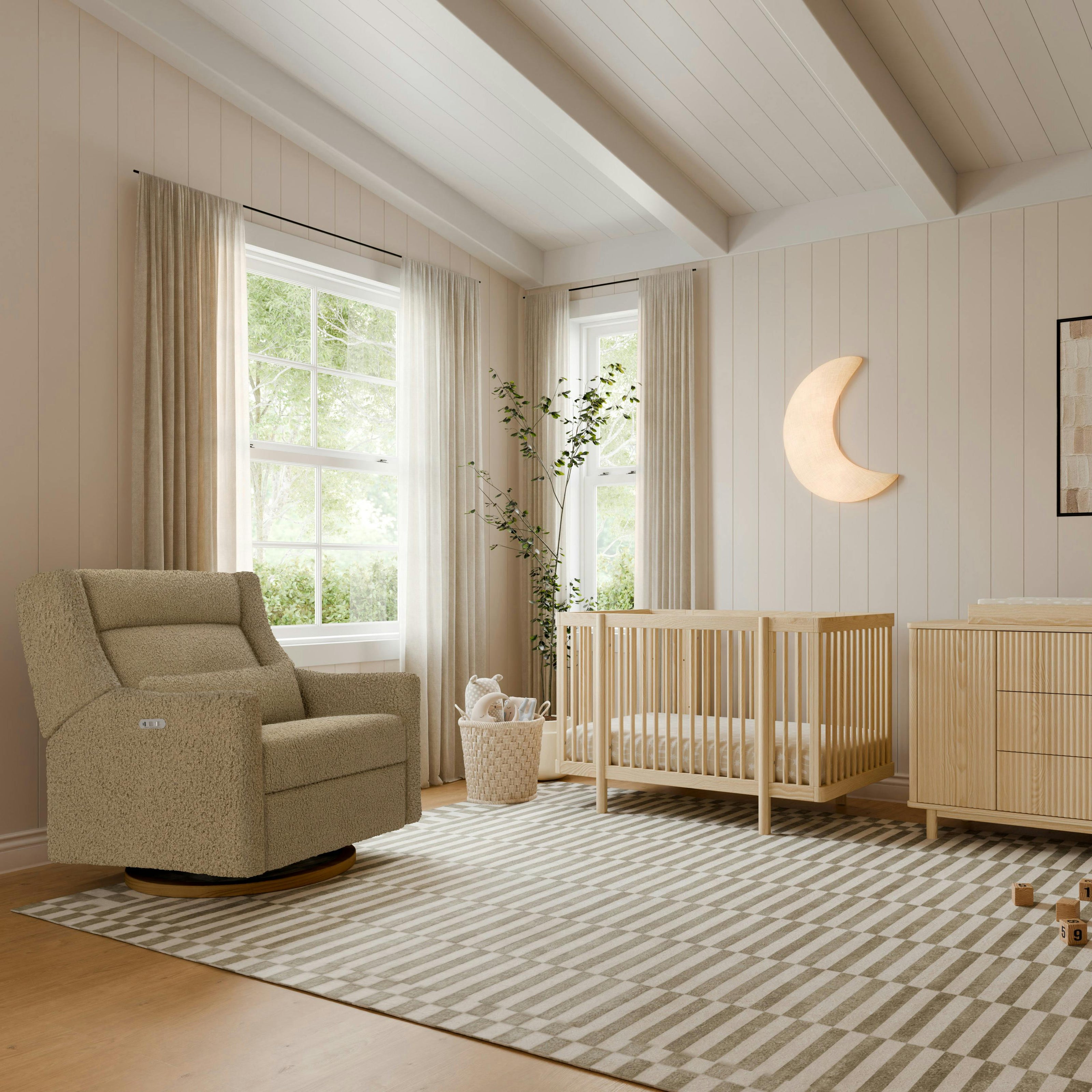Kiwi Plus Chair and a Half Power Glider Recliner in Latte Teddy Loop w/ Dark Wood Base