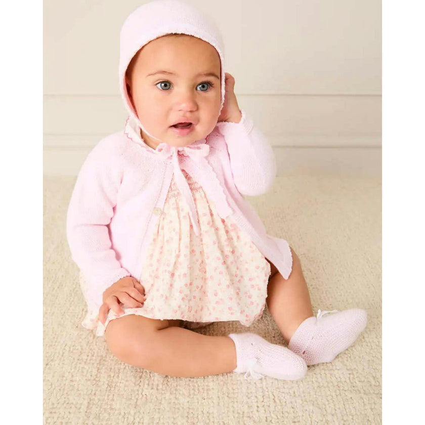 Martha Floral Hand Smocked Cap Sleeve Scallop Collar Dress in Pink (1-9mths)