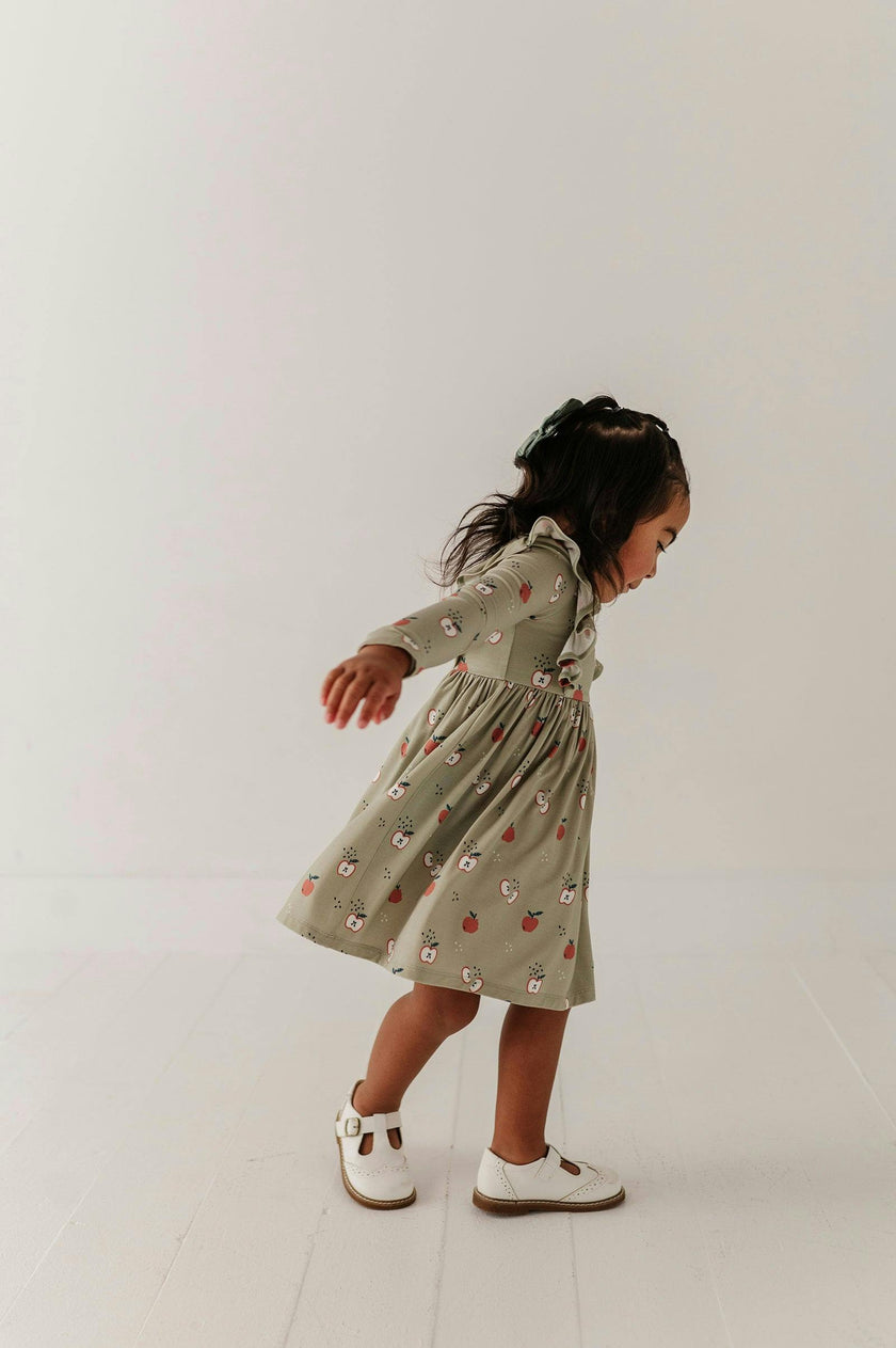 Girls Long Sleeve Ruffle Dress in Apple