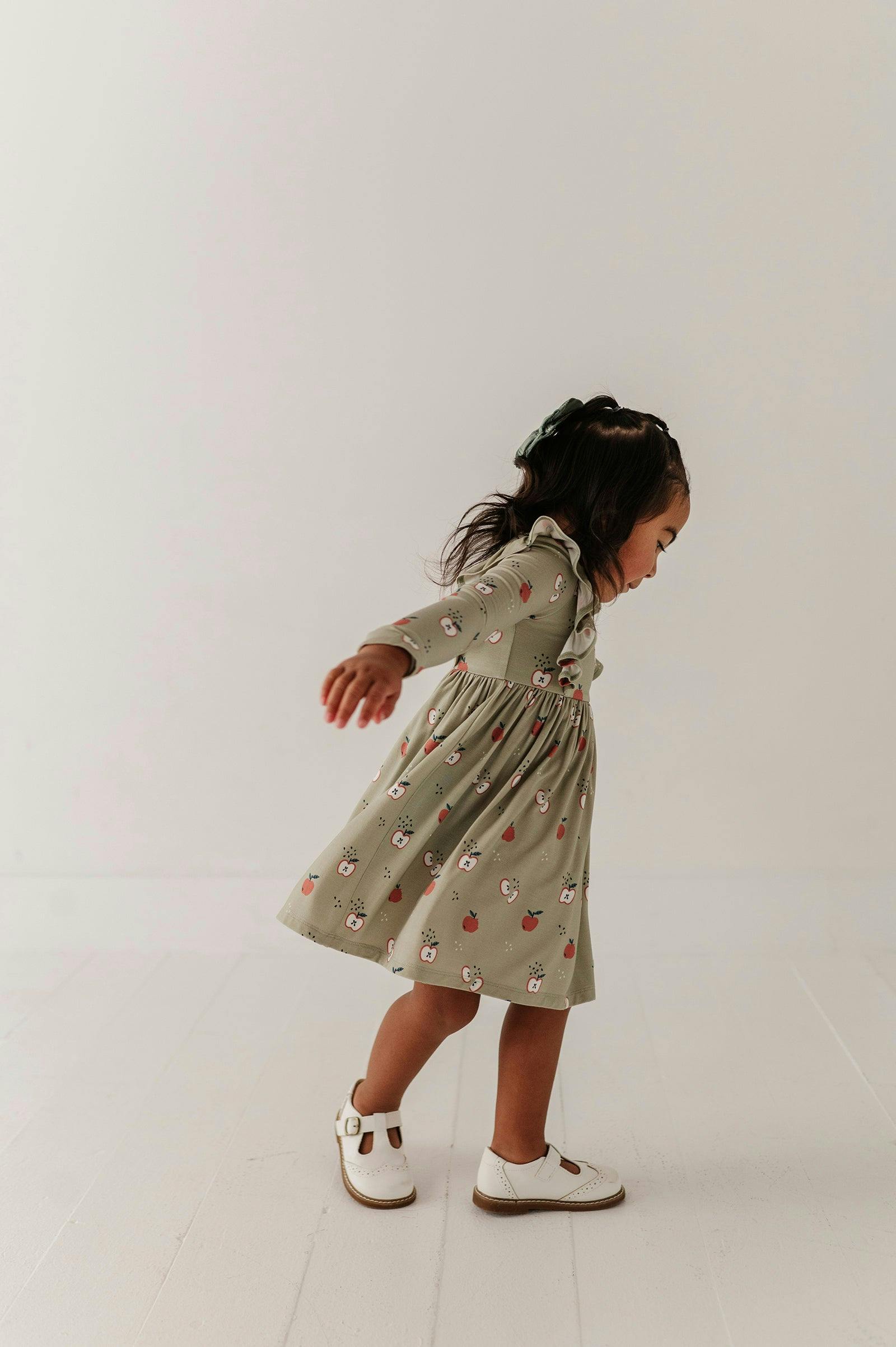 Girls Long Sleeve Ruffle Dress in Apple
