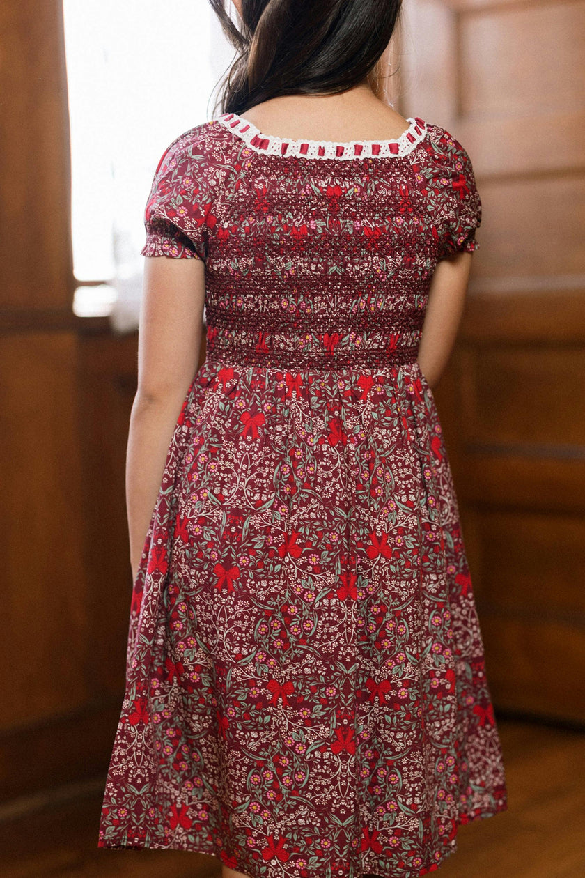 Mini Sunday Best Dress in Garnet Ribboned Garden