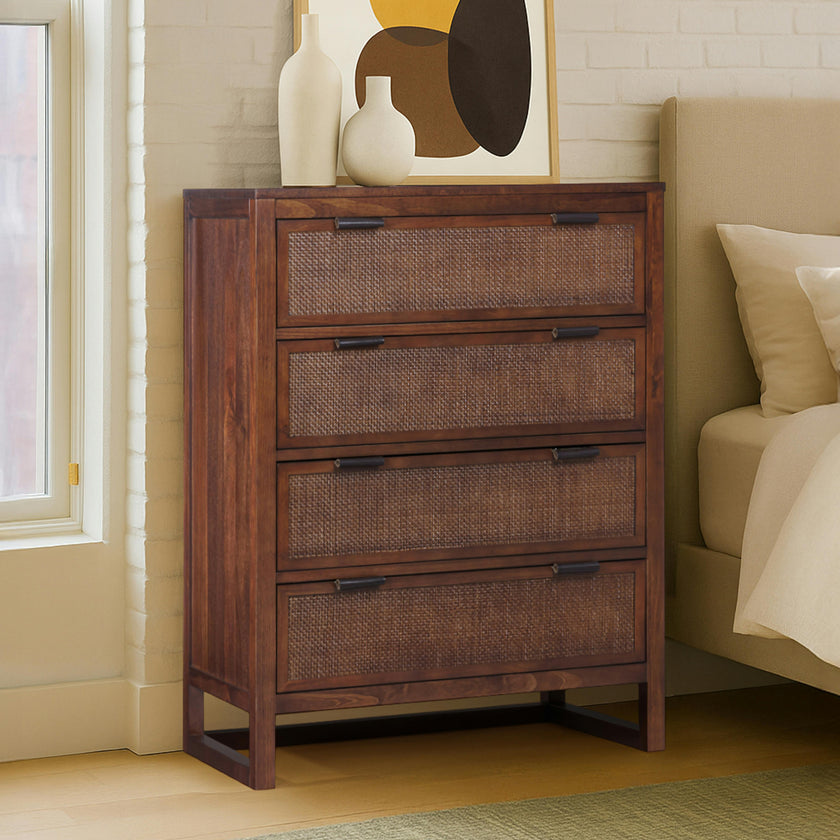 Hatteras Dresser with 4 Rattan Inlay Drawers, Faux Leather Pulls & Deep Storage