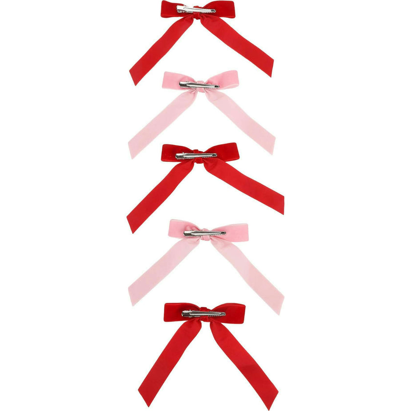 Packed Party Pink and Red Velvet Clip-On Bow Set of 5 - Luxe Velveteen Ribbon Bows with Metal Clip for Napkins Place Settings and Party Favors