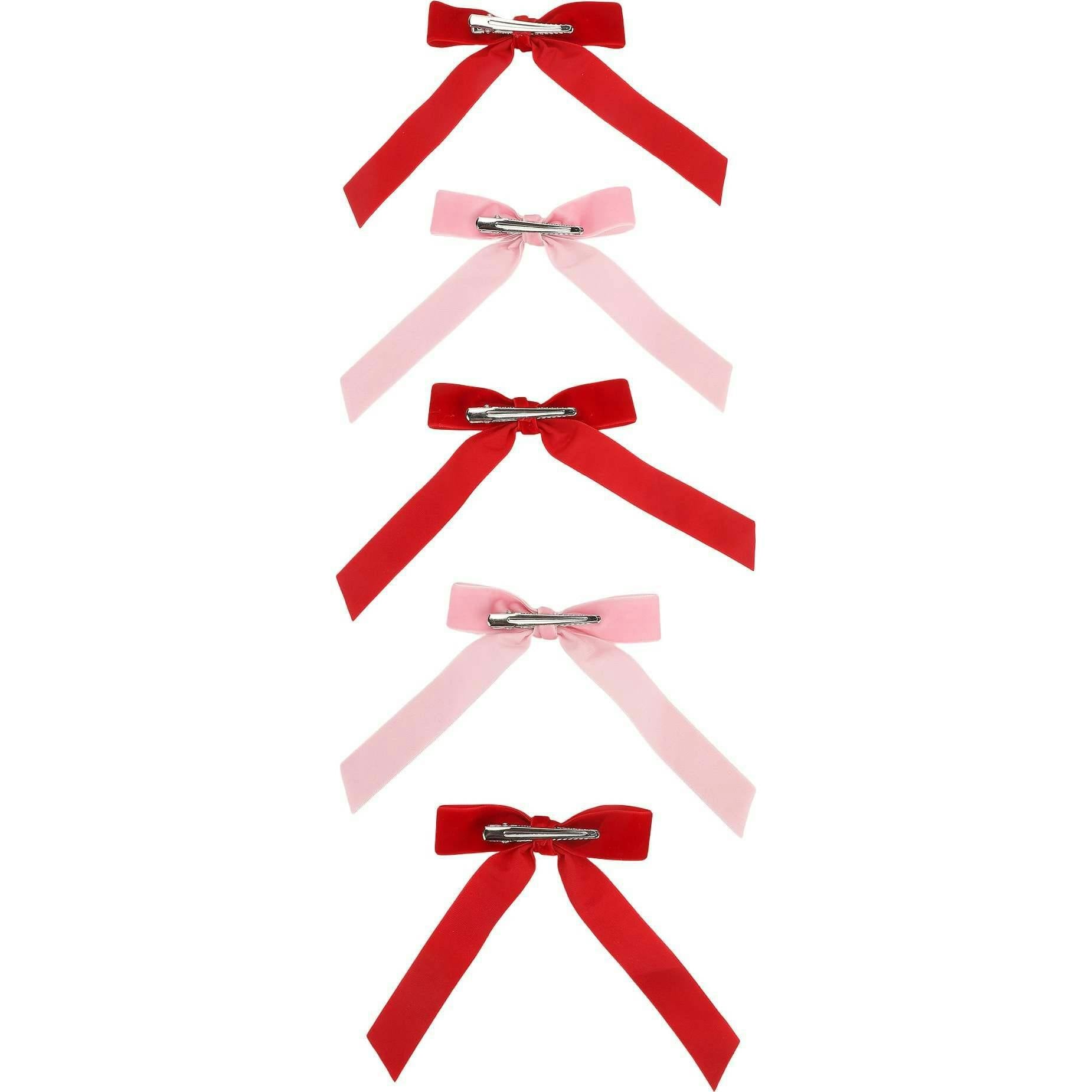 Packed Party Pink and Red Velvet Clip-On Bow Set of 5 - Luxe Velveteen Ribbon Bows with Metal Clip for Napkins Place Settings and Party Favors