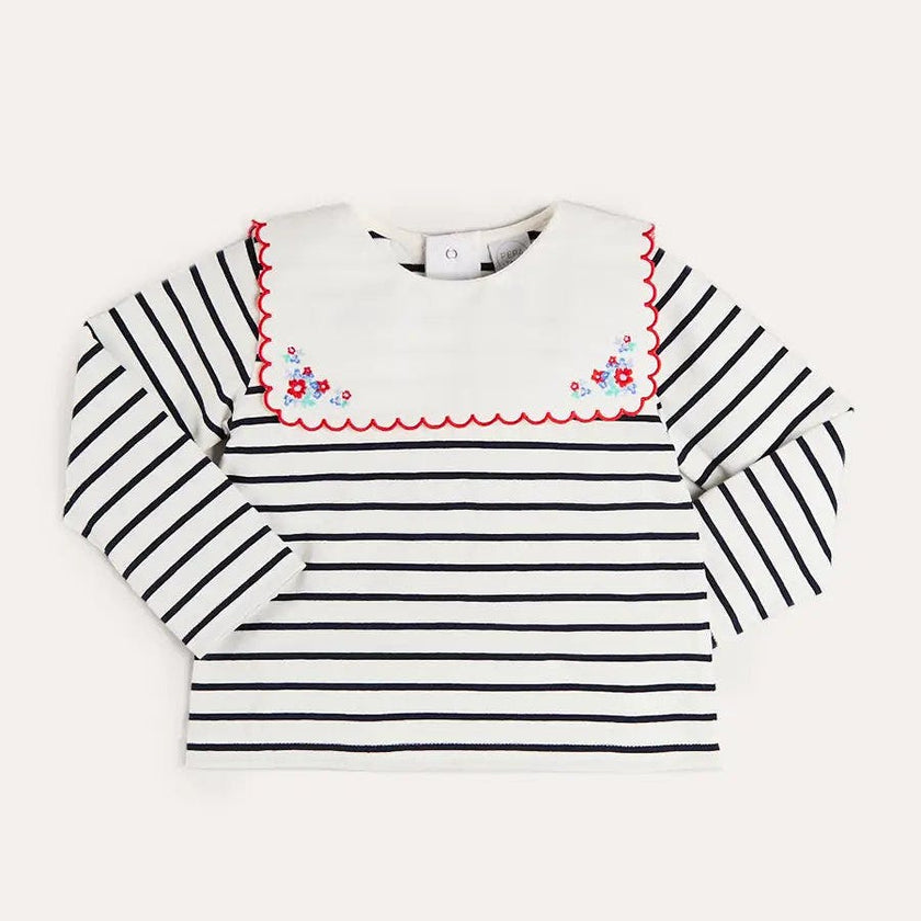 Sailor Stripe Floral Embroidered Mariner Collar Top in White (2-12yrs)