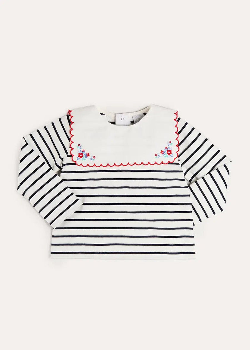 Sailor Stripe Floral Embroidered Mariner Collar Top in White (2-12yrs)