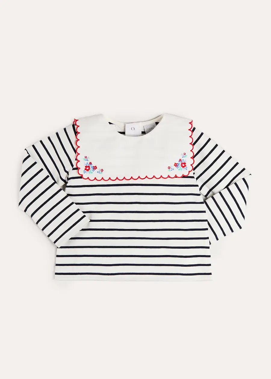 Sailor Stripe Floral Embroidered Mariner Collar Top in White (2-12yrs)