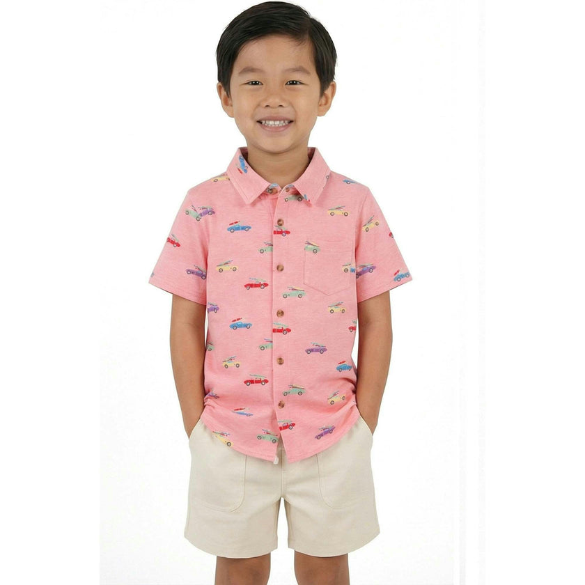 Boys Blue Printed Knit Buttondown | Orange Cars