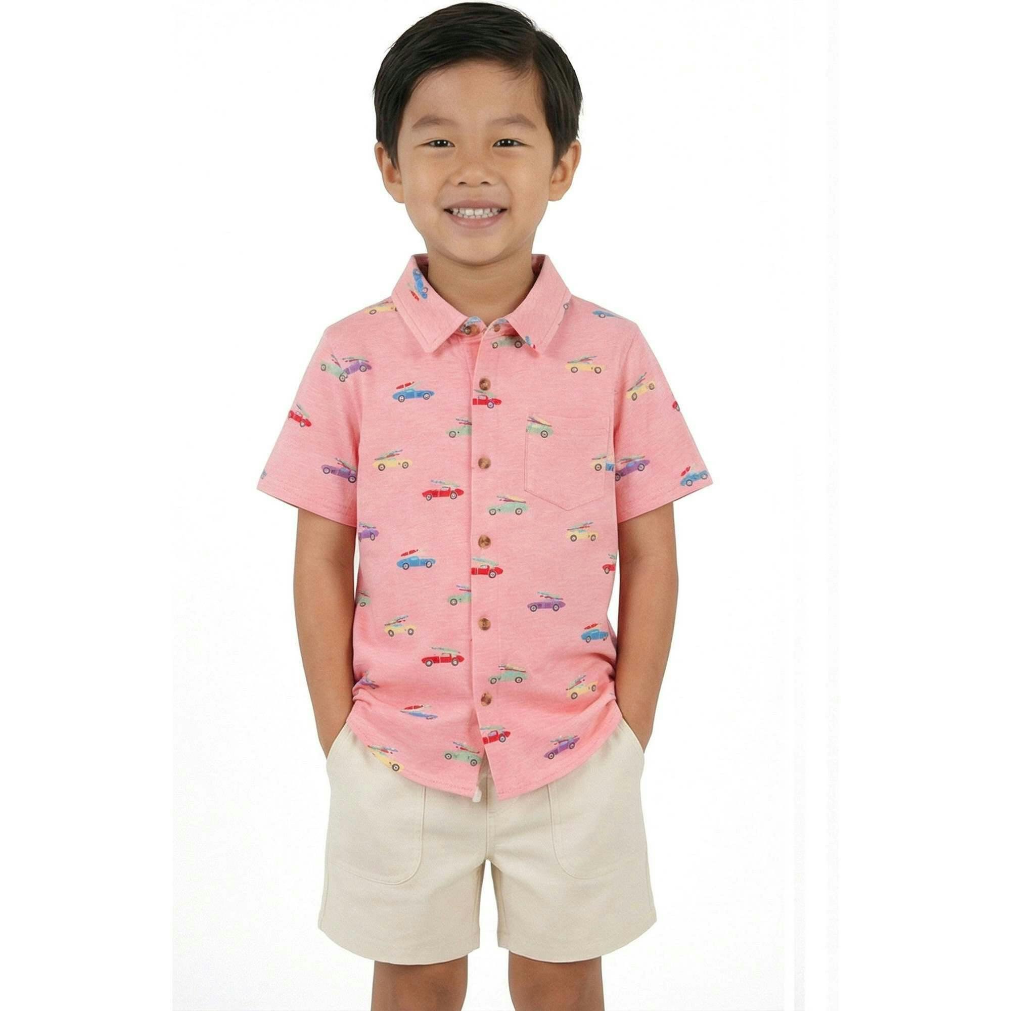 Boys Buttondown & Linen Short Set | Coral Cars