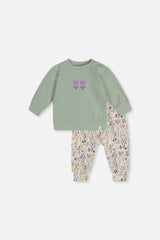 Organic Cotton Pants And Top Set Green And Beige Heart Print