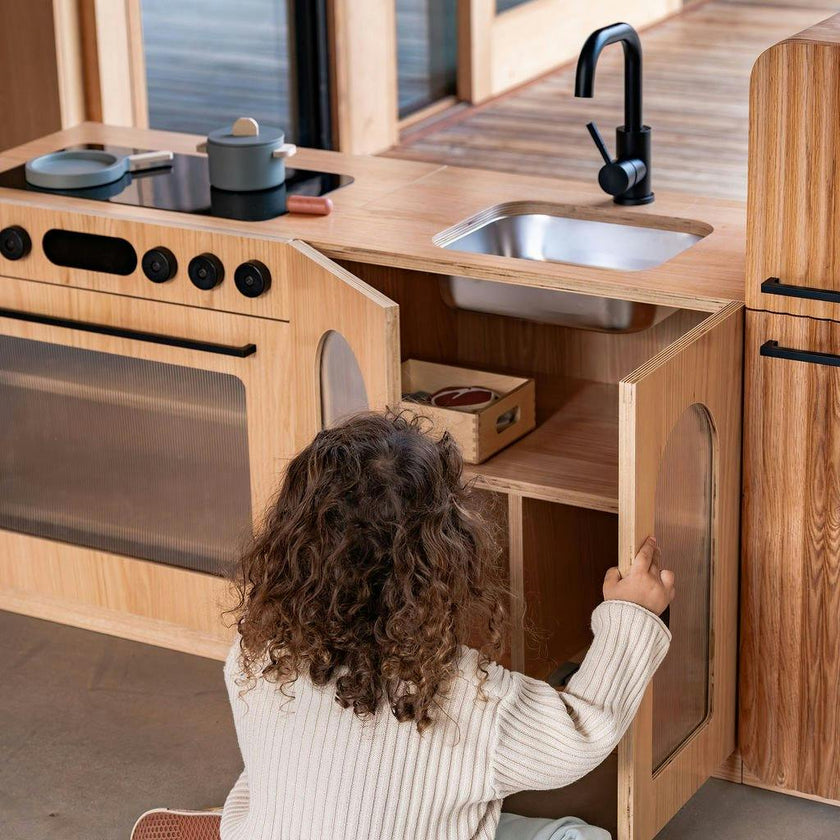 Oak Fluted Play Kitchen Set: Fridge + Sink + Oven