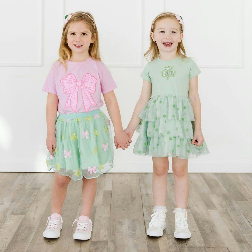 Pink Bow Sequin Patch Short Sleeve T-Shirt
